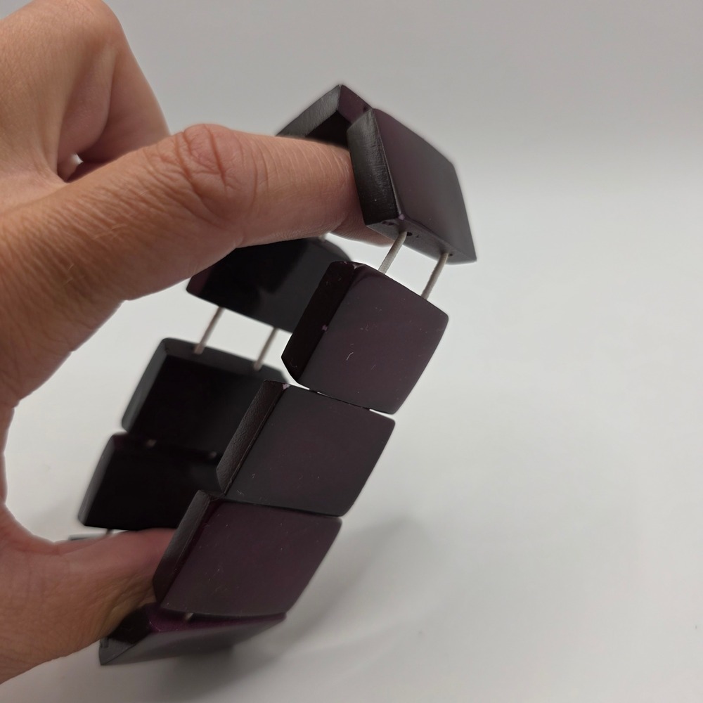 Plum Purple Chunky Resin Stretch Bracelet Marbled Rectangular Panel Statement - Picture 3 of 5